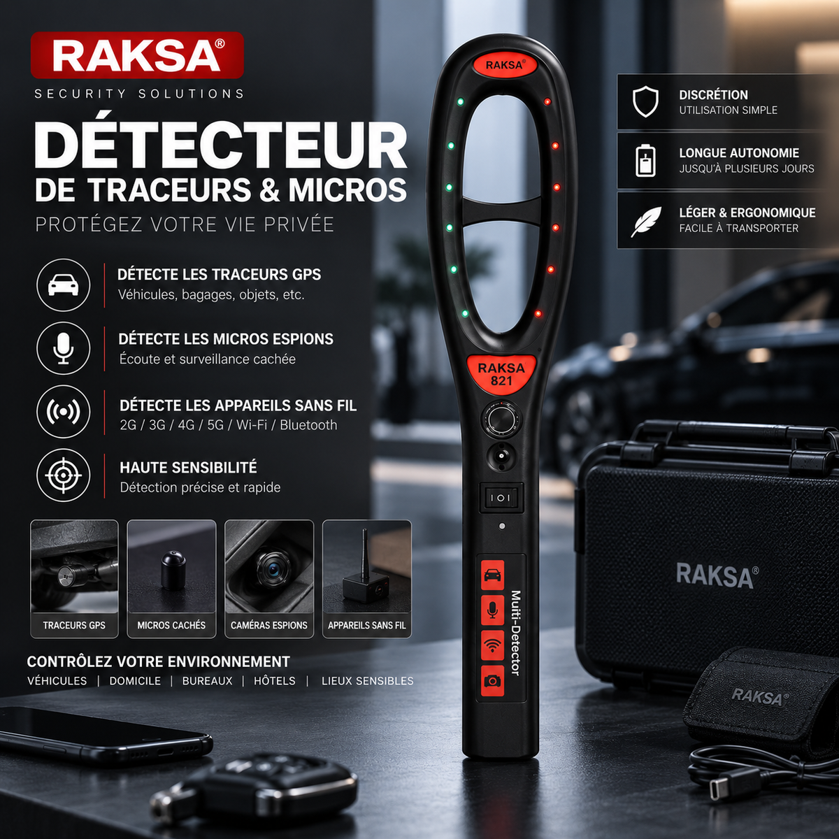 RAKSA – Handheld GPS Tracker & Hidden Microphone Detector